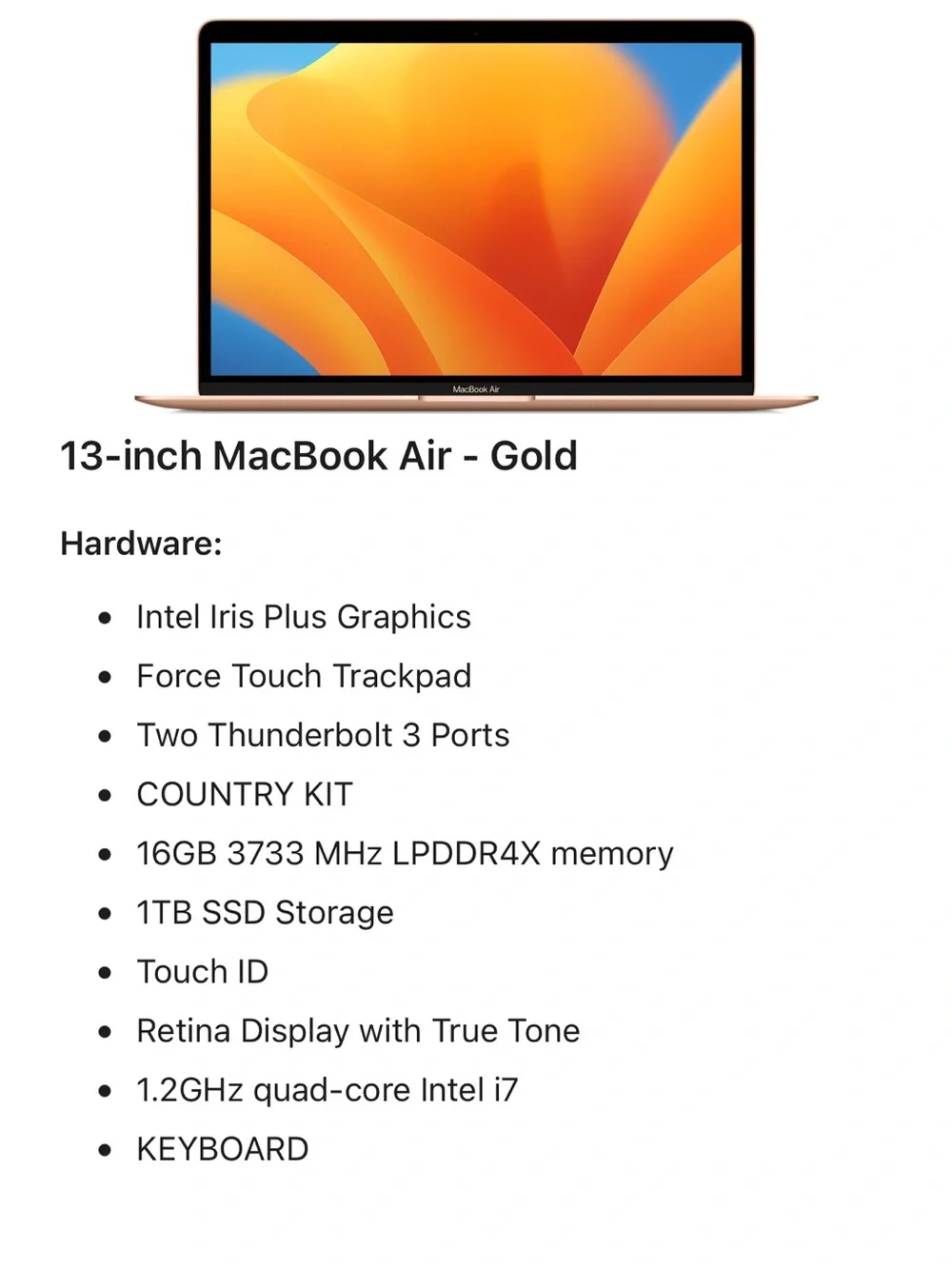 Apple 13” 2020 MacBookAir 1TB Storage/16GB Memory Rose Gold Laptop w/ Box